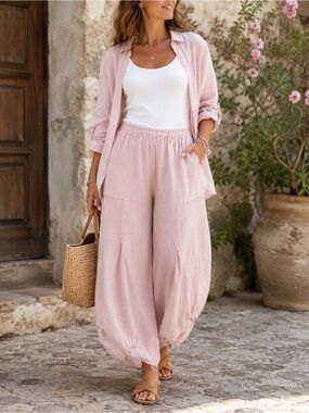 Made Italy Dusty Rose Linen Lantern Pants Button Hem Barrel Lagenlook FLAW #1447